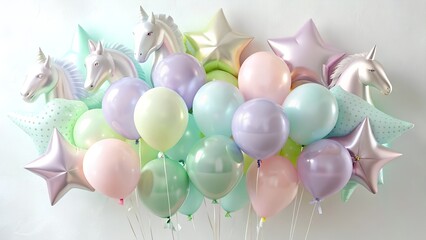 Unicorn and pastel balloons with star shapes