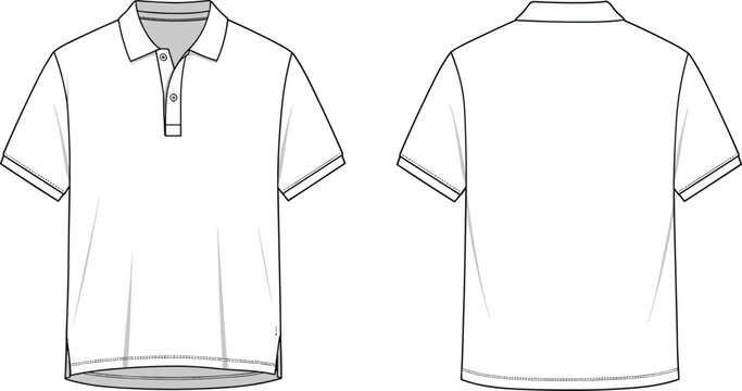 Technical fashion illustration of short sleeve polo shirt front and back views with button placket, cuffed sleeves, and curved hem design