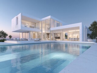 Fototapeta premium Modern white villa with pool at twilight