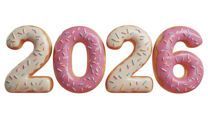 Happy New Year 2026 donut art, festive digits designed as sweet treats with sprinkles