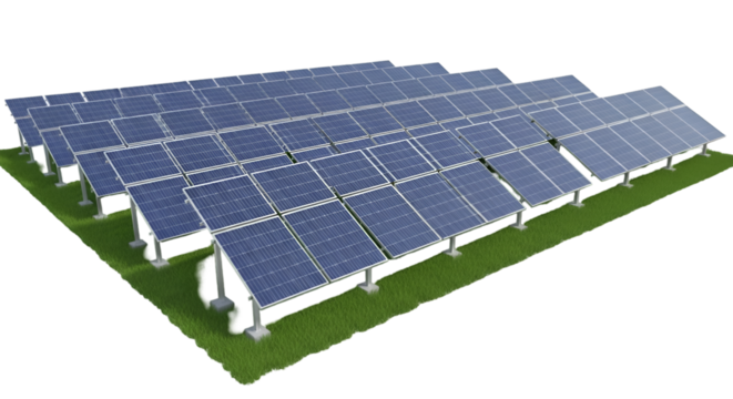 Solar Panel Array on Green Grass with Black Background