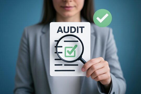 Business professional proudly presents a verified audit document, a magnifying glass highlights the green checkmark, signifying successful financial examination and regulatory compliance