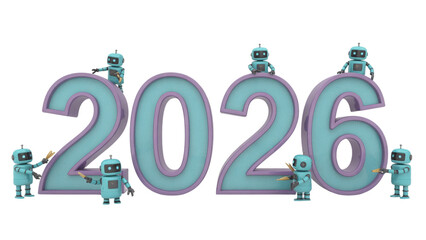 A team of charming blue robots and androids working together to construct the year 2026, symbolizing future technology and innovation for the new year
