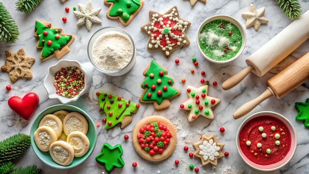 Decorating christmas cookies with icing and sprinkles