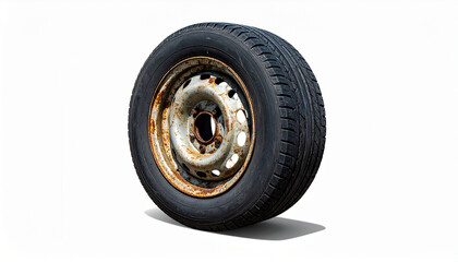 Rusted wheel rim with black tire on white background metal
