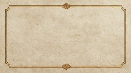A simple golden frame is on a textured beige surface with decorative elements at the corners.
