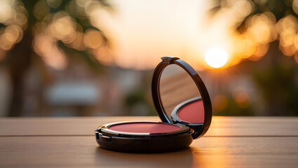 Fototapeta premium Makeup blush compact with mirror on wooden surface against a blurred sunset background outdoors scene