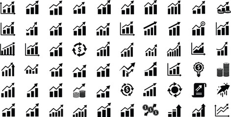 Business growth chart icons, financial analytics symbols, profit increase graphs, success rate data visualization, marketing performance infographic, economic progress illustration