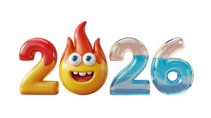 A vibrant 3D rendering of the year 2026 featuring a cute fire emoji character and water-filled numbers on an isolated white background