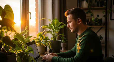 Businessman working remotely in a caf� with a laptop surrounded by plants...