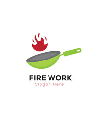 Frying pan logo design, Vector pan with a fire logo design concept illustration idea, fire work cooking logo