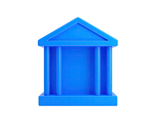 A bright blue, simplified building illustration with columns, isolated on black