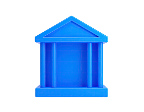 A bright blue, simplified building illustration with columns, isolated on black