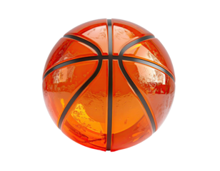 A glossy, orange basketball with black lines, set against a stark black background