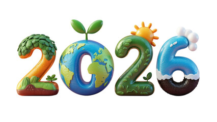 Vibrant 3D Illustration of Year 2026, Symbolizing Environmental Sustainability, Climate Action, and a Hopeful Future for Our Planet's Ecological Health