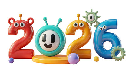 Whimsical 3D illustration of the year 2026 with playful characters and abstract elements