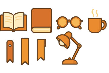 Essential objects for reading and study: books, eyeglasses, desk lamp, coffee mug, and bookmarks