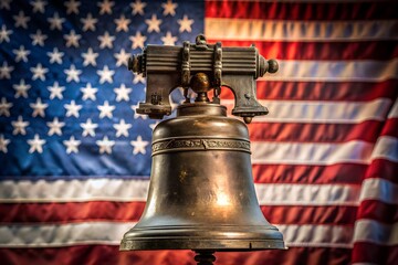 Liberty bell in front of the american flag