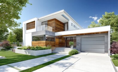Modern, spacious house with a contemporary design.  Exterior shot showcasing a light-filled facade, large windows, and a covered entryway.  Landscaping and a driveway are included in the scene