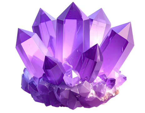 A cluster of brilliant, multifaceted purple crystals, radiating light and energy