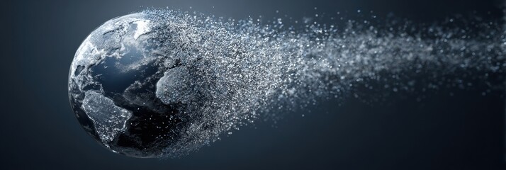 A Globe Dissolving Into Particles in a Dark Background Representing Global Change and Fragmentation of the Earth