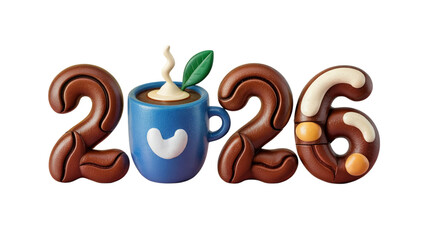Creative 3D Illustration of the Year 2026 with Coffee Cup and Chocolate Numbers
