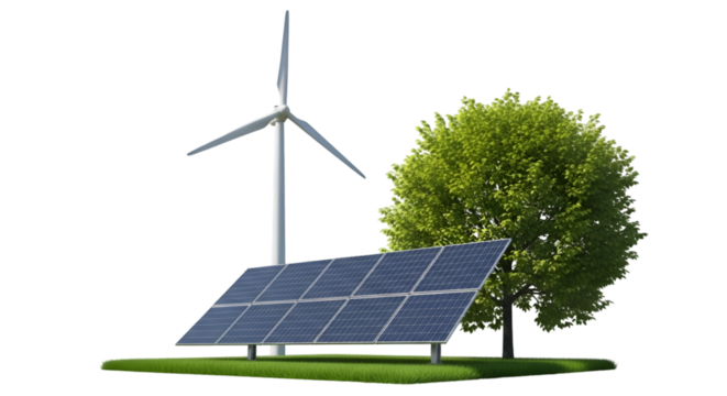 Solar Panel, Wind Turbine, and Tree on Green Grass