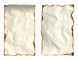 Two crumpled, aged pieces of paper with burnt edges set against black