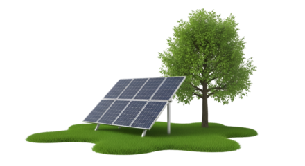 Solar panels and green tree on grass with transparent background