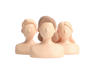 Three stylized human figures in beige tones, faces featureless, on a dark background