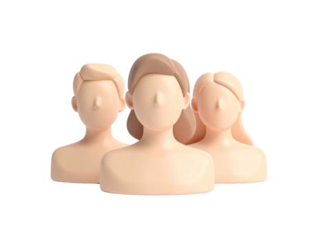 Three stylized human figures in beige tones, faces featureless, on a dark background