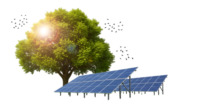Solar panels and green tree with birds and sun flare