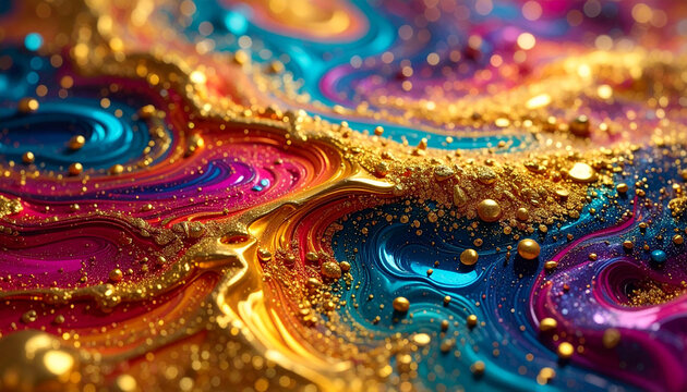 Swirling cosmic colors with golden dust and reflective particles abstract background
