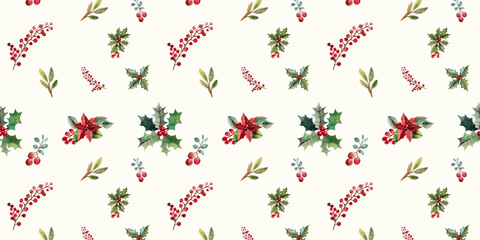 Watercolor Christmas Seamless Pattern with Holly Leaves, Berries, and Poinsettia Flowers