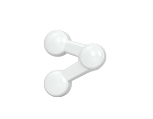 3D-rendered, glossy white icon depicting interconnected spheres, share concept