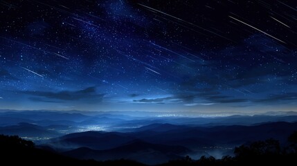 Fototapeta premium Majestic meteor shower streaks across the night sky over distant hills, creating a breathtaking celestial display above a dreamy landscape.