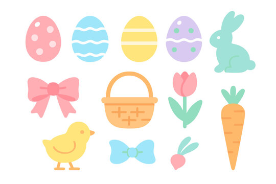Cute pastel Easter eggs, bunny, chick, basket, tulip, and carrot spring elements