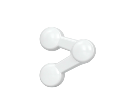 3D-rendered, glossy white icon depicting interconnected spheres, share concept