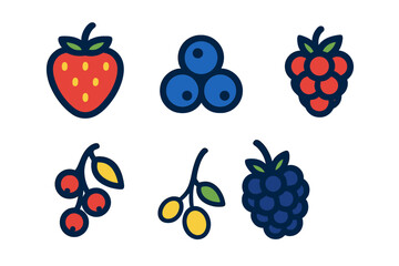 Colorful flat design icons set featuring fresh summer berries and small fruits