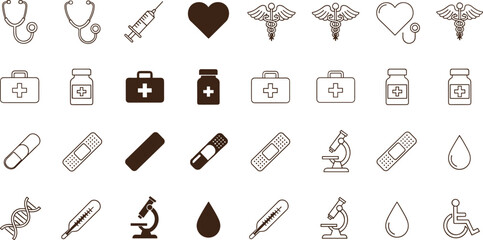 Medical icons collection, healthcare symbols, hospital elements, doctor tools, pharmacy illustration, health equipment, first aid, laboratory science, medicine concept