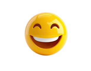A shiny 3D yellow sphere with a wide smiling face against a black background