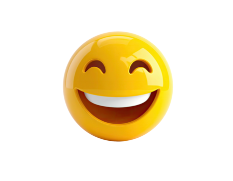 A shiny 3D yellow sphere with a wide smiling face against a black background
