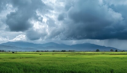 Expansive green fields under dramatic cloudy sky with distant mountain range