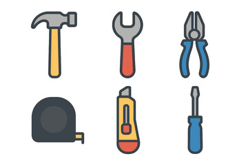 Set of essential repair and construction hand tools including hammer, wrench, pliers, tape measure, and screwdriver icons