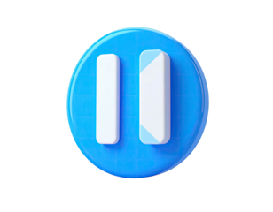 A blue, 3D-rendered pause symbol, rendered in a glossy, round button
