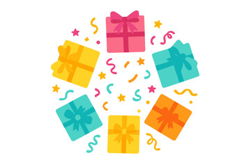 Festive arrangement of colorful gift boxes and scattered confetti creating a vibrant circular border