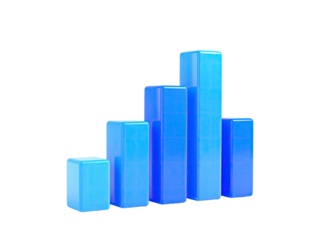 3D-rendered ascending and descending blue columnar graph against a black backdrop