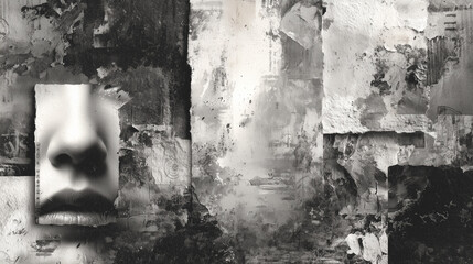 Abstract composition in black and white with a face fragment, paper textures, and cracks.
