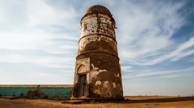 Ancient Historic Minaret Tower Against a Dynamic Sky in Rural Landscape.