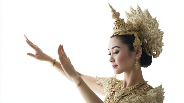 Thai classical dancer wearing golden crown (chada) performing graceful hand gesture, white background